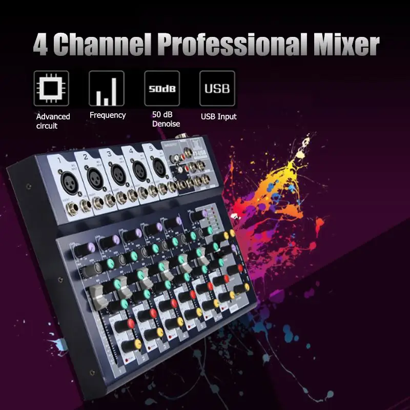 

KINCO Professional 4 Channels Audio Mixer with USB 48V Phantom Power DJ Sound Mixing Console Live Mixer For Karaoke Match Party