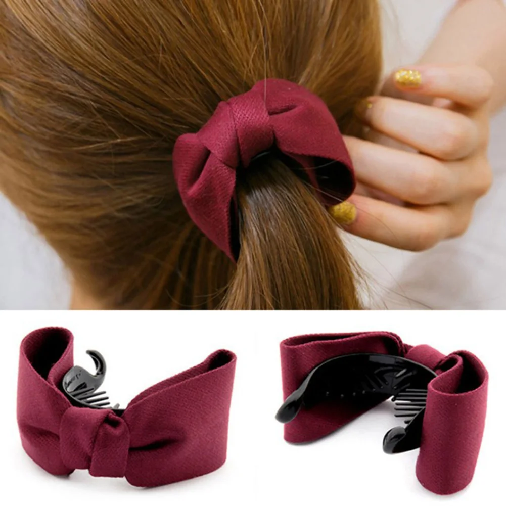 Korean Sweet Fabric Bow Hair Claw Elegant Women Solid Cloth Ties Banana