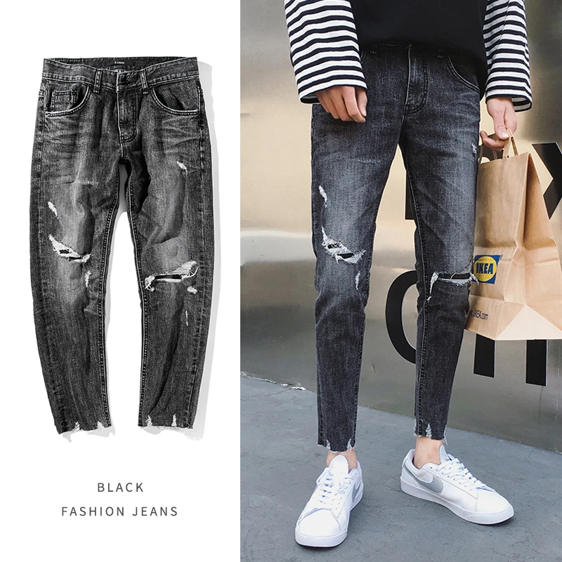 Summer Jeans Men Slim Fashion Washed Retro Torn Holes Denim Pants Man Streetwear Trend Wild Hip Hop Cowboy Trousers Male Clothes