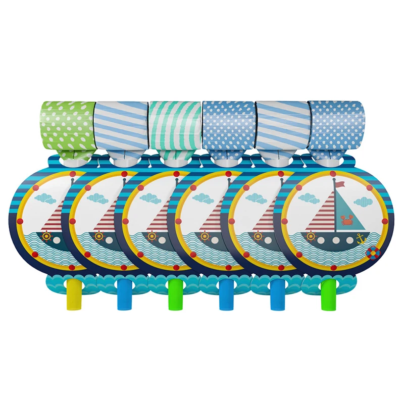

6Pcs/lot Cute Blue sailboat and ocean cartoon Whistles Party Blowing Dragon Blowout for Kids birthday party supplies&decortion