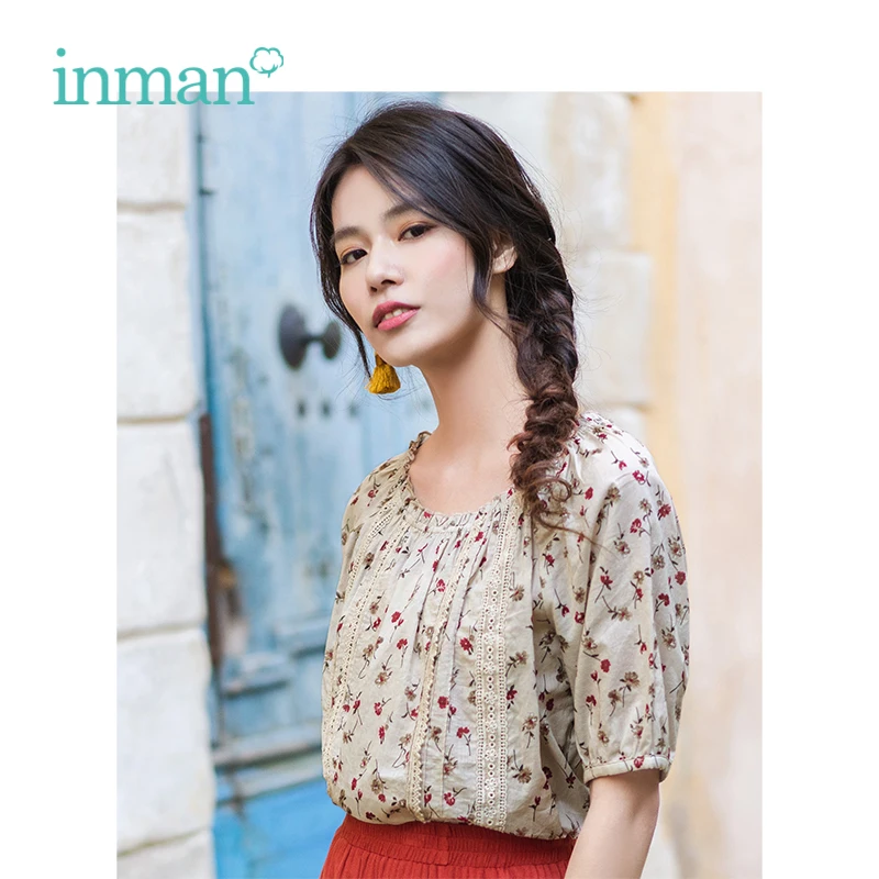 

INMAN 2019 Summer New Arrival O-neck Retro Floral Holiday Style Literary All Matched Slim Half Sleeve Women Shirt