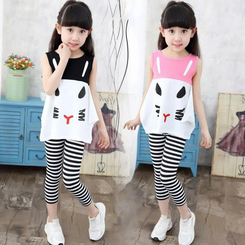 

2PCS Kids Baby Girls Clothes Outfits Cartoon Bunny Easter T-shirt Tops Pants Set Striped Pants Leggings Summer Clothes Tracksuit
