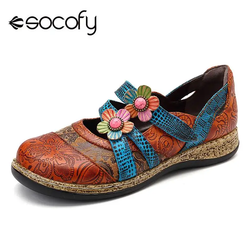 Женские винтажные туфли SOCOFY из натуральной кожи на липучке с цветными вставками