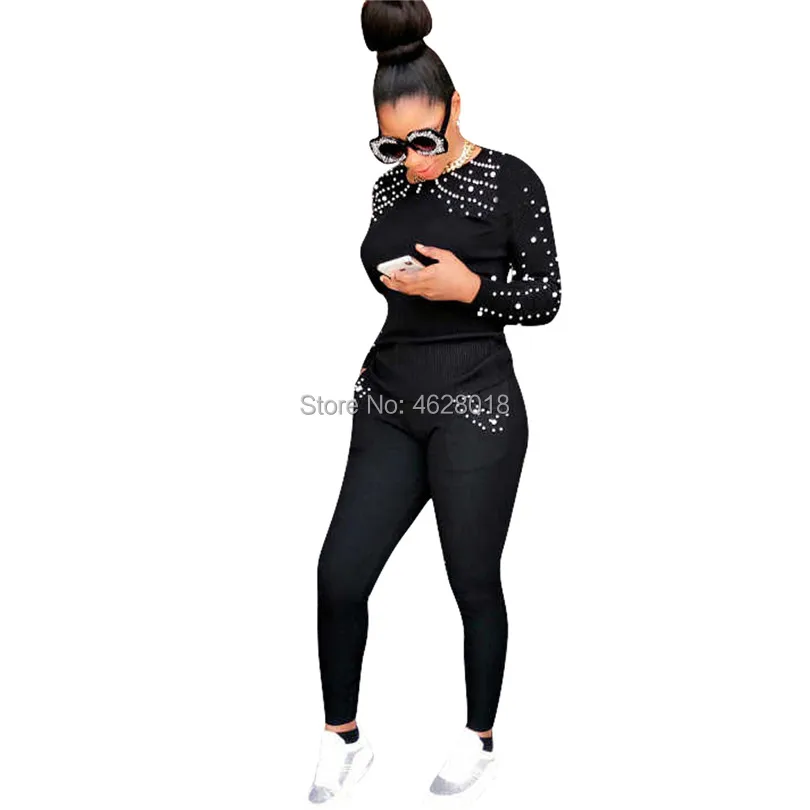 

Top Quality Fashion Black Bodysuit Long Sleeve Two Pieces Rhinestone Rompers Women Jumpsuit Overalls Y8033