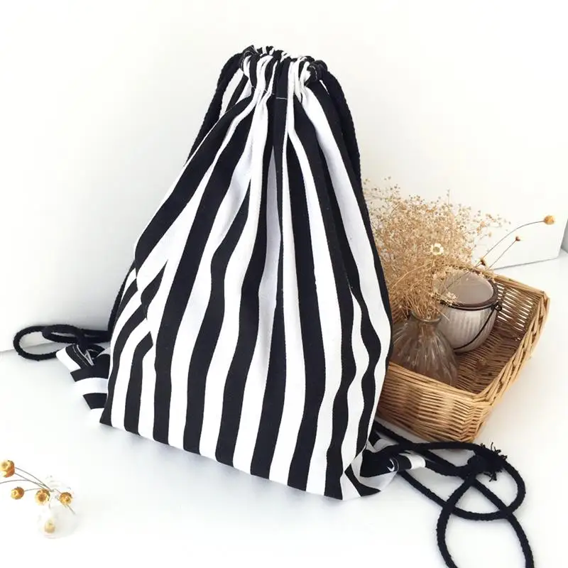 

Casual Canvas Women Ladies Female Drawstring Bag Simple Stripe Design Shoulder Bag Lightweight Backpack For Girls Teenagers