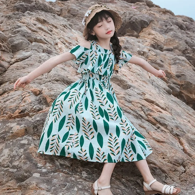 

Kids Printed Florals Beach Dresses For Baby Big Girls Off Shoulder Summer A Line Dress Clothing Children Holidays Party Dresses