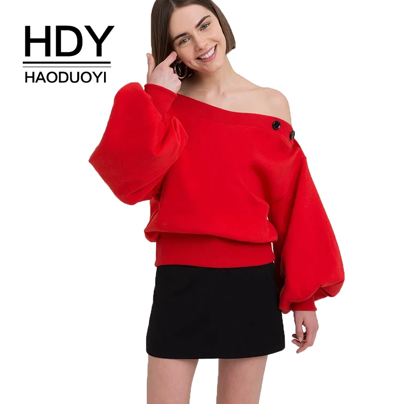 HDY Haoduoyi 2019 Женский однотонный красный пуловер с рукавами фонариками осенний