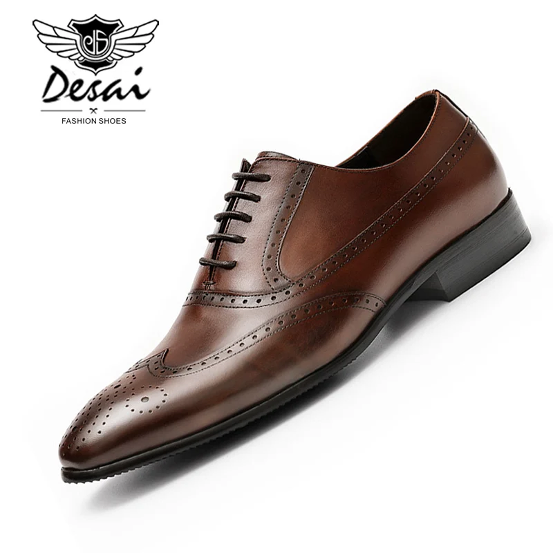 

DESAI Men's Carved Genuine Leather Shoes Handmade Business Dress Brogue Oxfords Shoes Men Formal Brown Shoe Large Size 37-44