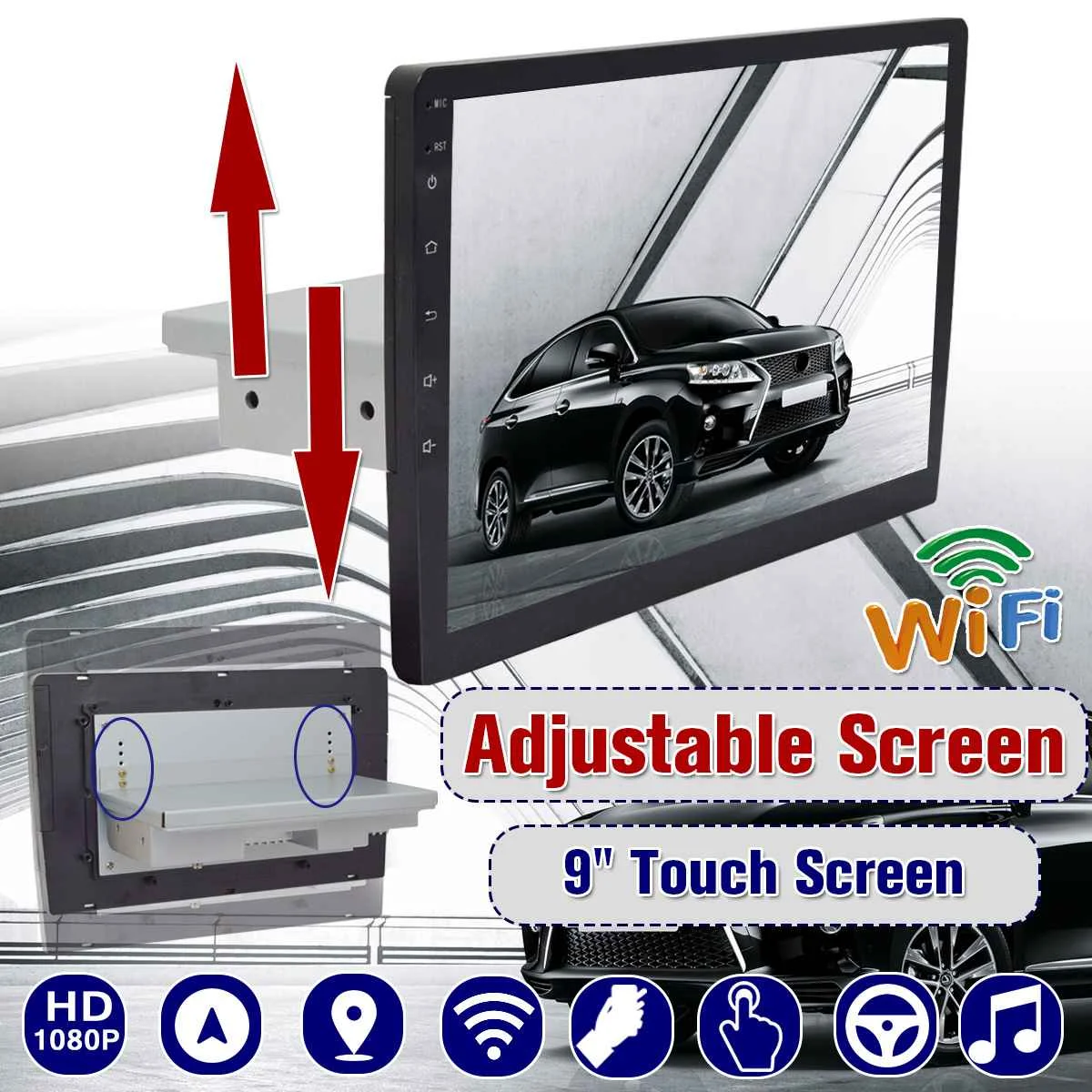 

9" 1Din Car Stereo Multimedia Player for Android 8.1 Up Down Moving Adjustable Screen GPS Nav Wifi MP5 Player Video Radio