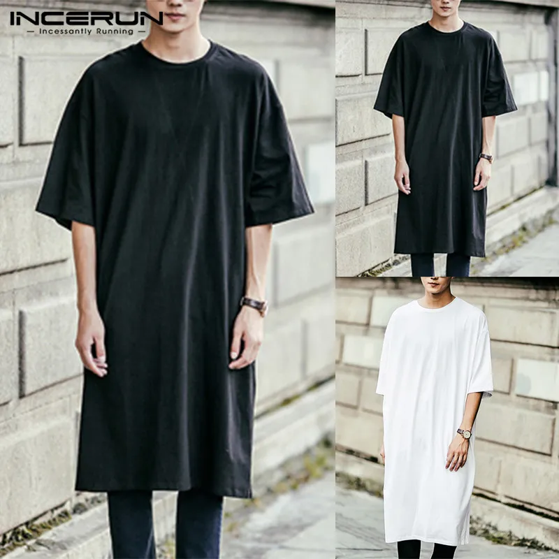 INCERUN Kurta Mens Dress T Shirts Short Sleeve Loose Kaftan Long Tee Jubba Muslim Arab Thobe Islamic Men Clothing Hombre Camisas