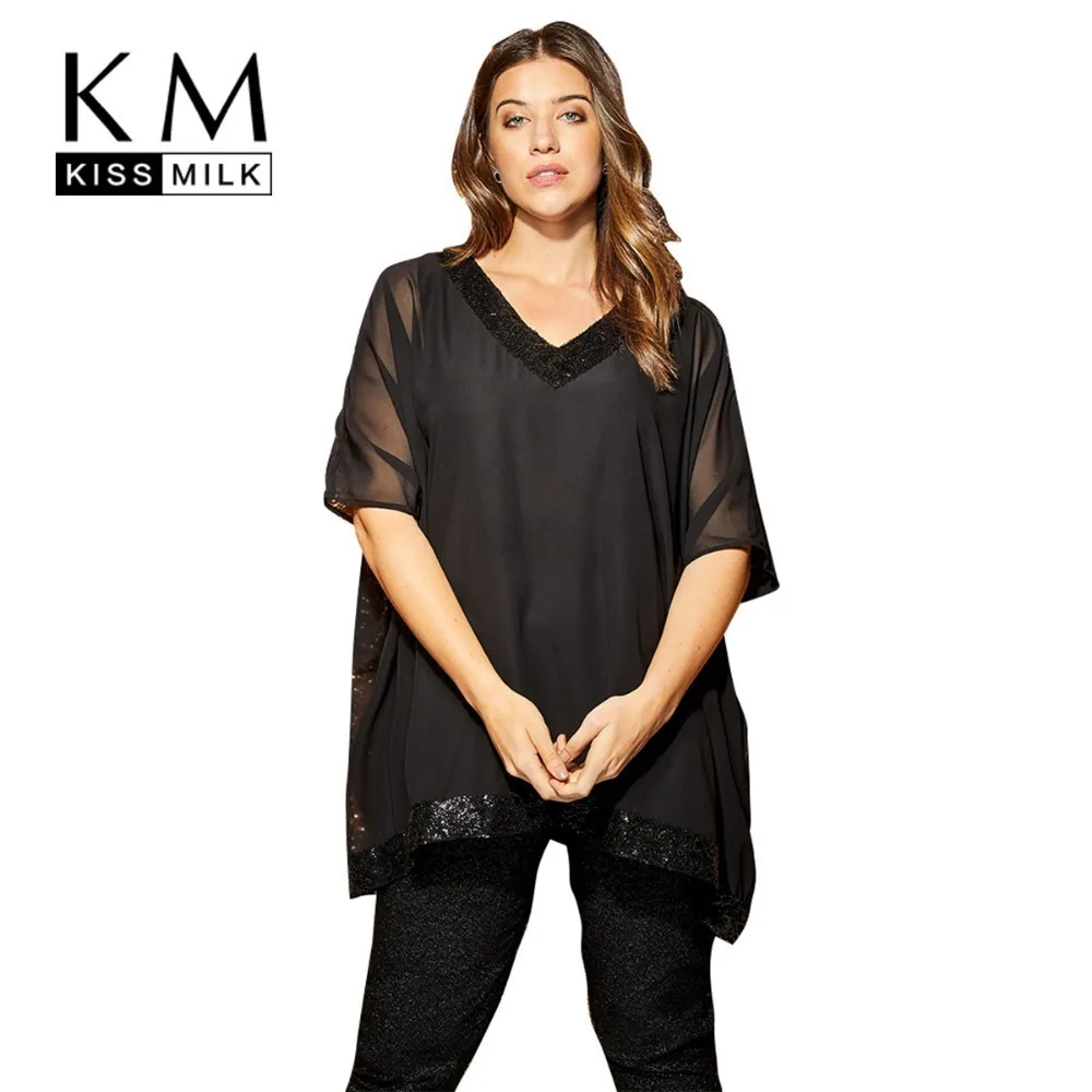 

KISSMILK Large Size Simple European And American V-neck Sexy Sequins Mesh Stitching Micro-perspective Solid Color Shirt T-shirt