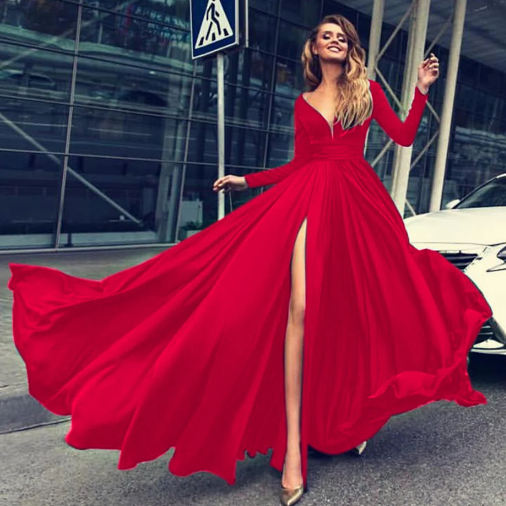 

2018 Women Sexy Backless Split Front Summer Floor Length Dress Deep V Neck Party Dress Red Satin Long Sleeve Padded Dress
