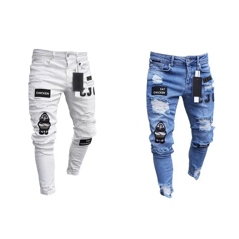 Men's Cotton Slim Fit Jeans Men's Hip Hop High-end Tight-fitting Hole Pants New Male Badges Slim Jeans White Blue Fashionable