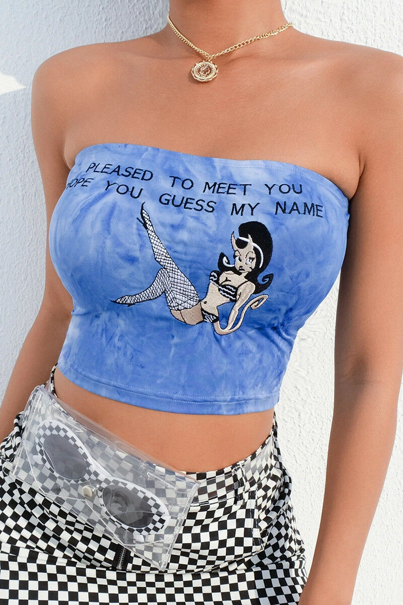 

New Fashion Women Girl Blue Mermaid Letter Embroidered Crop Tops Strapless Female Summer Street Wear Fashion Tops