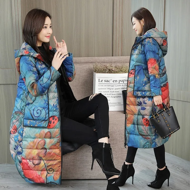 Koop Vrouwen Hooded Print Down Jas Winter Mode Winddicht Losse Bovenkleding Plus Size Warm Wit Eendendons Gedrukt Lange Jas PJ326