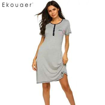 

Ekouaer Women Nightgown Sleepshirts O-Neck Short Sleeve Printed Soft Loose Night Dress Female Sleepwear Summer Dress Homewear