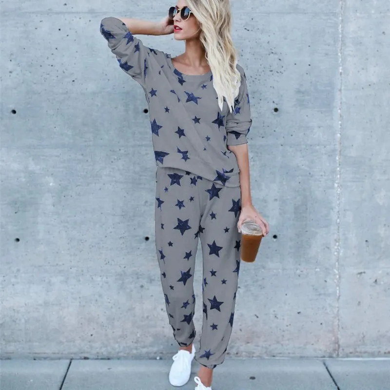 

Star Print Women Pajama Sets Soft Comfortable Pyjamas Home Suit Spring Round Neck Thin Top and Pants Sleepwear