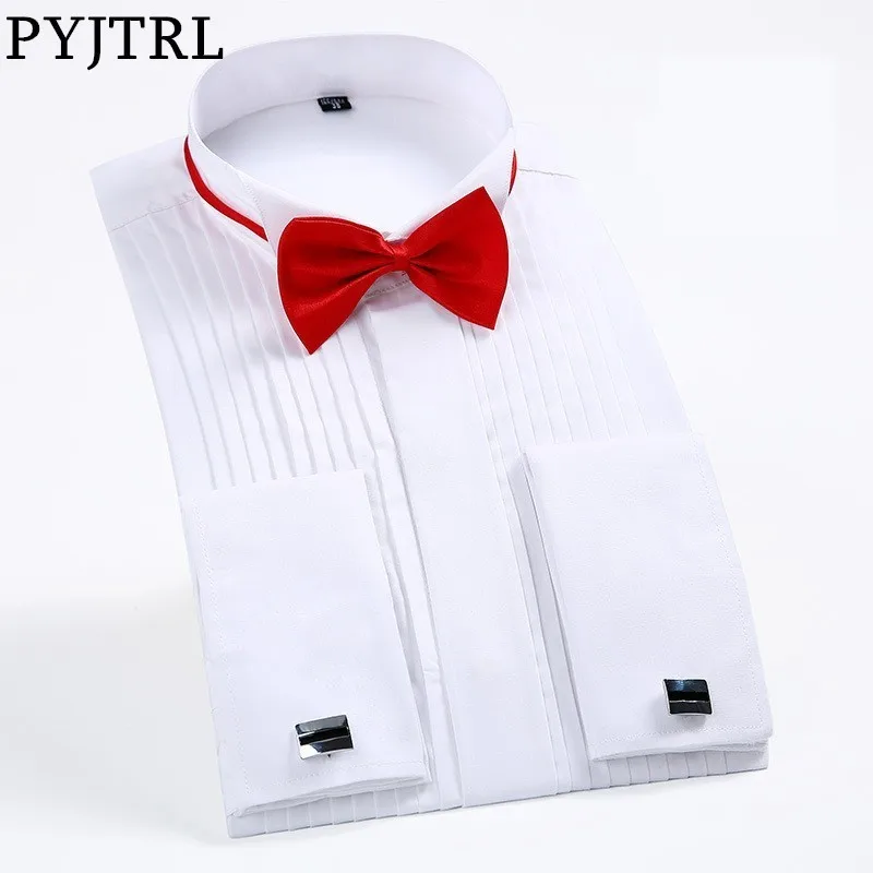 

PYJTRL Male Classic Wedding Bridegroom Groomsman Dress Tuxedo Shirt Gentleman Formal Long Sleeve Slim Fit Men Chemise Homme