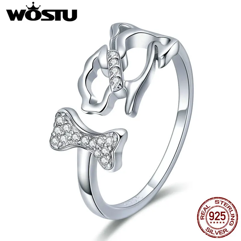 

WOSTU 100% 925 Sterling Silver Cute Pet Dog Chasing Finger Ring For Women Girl Adjustable Silver Ring Party Jewelry Gift CQR416