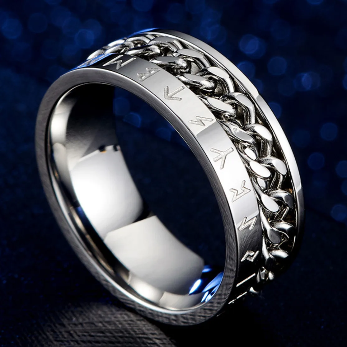 8mm Plata Negro Giratorio Cadena De Acero Inoxidable para Hombre Anillo De Bodas Anillo