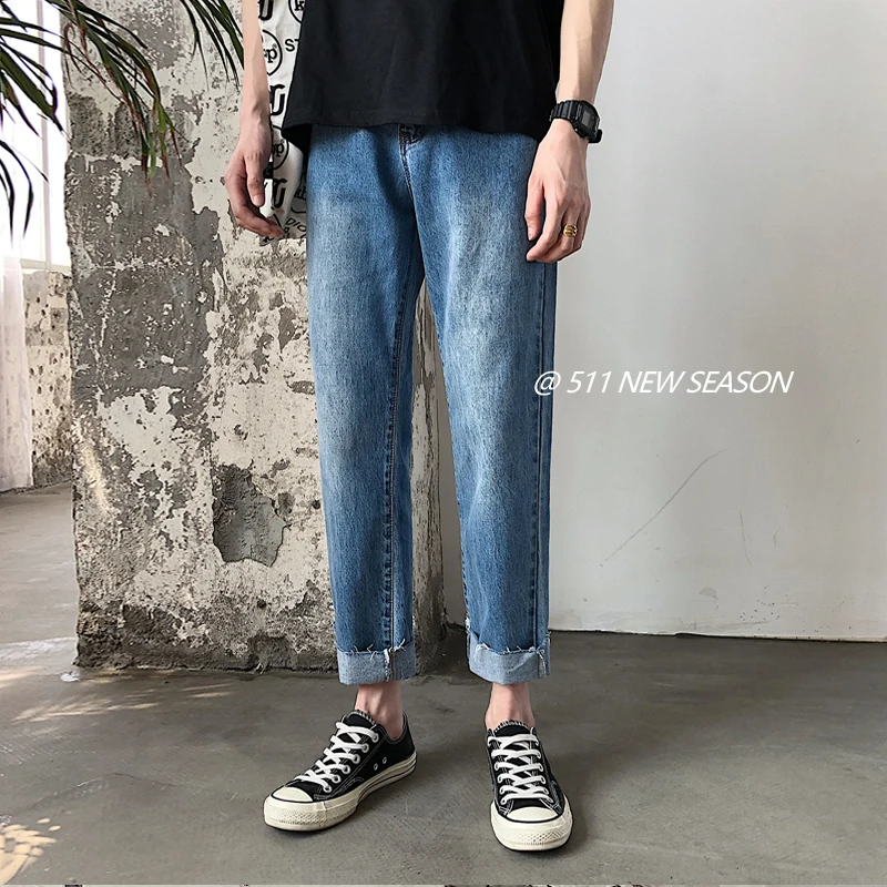 

Men's Jeans 2019 Summer New Hong Kong Style Solid Color Loose Jeans Nine Points Casual Jeans Repair Youth Casual Men's Clothing