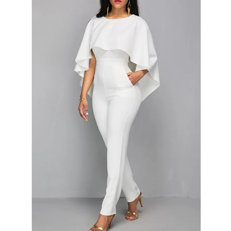 Lady White Elegant O-Neck Solid Cape Sleeve Jumpsuit Women Jumpsuits Boycon Slim Backless Jumpsuits Rompers Lady White Elegant O-Neck Solid Cape Sleeve Jumpsuit Women Jumpsuits Boycon Slim Backless Jumpsuits Rompers