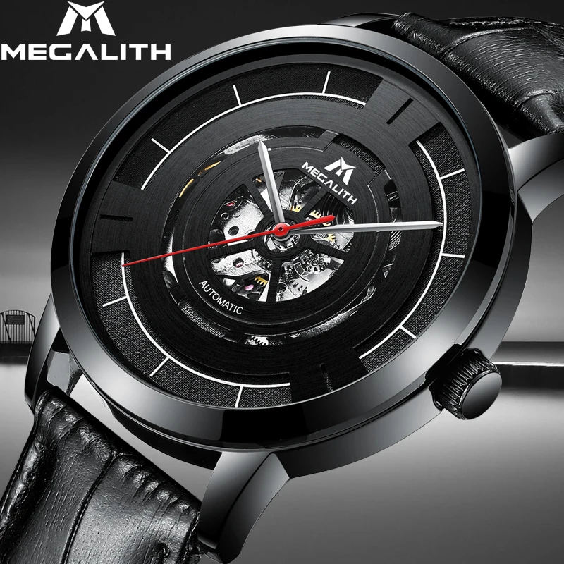 

MEGALITH Casual Automatic Mechanical Watch Men Black Leather Strap Male Clock Relogio Masculino Waterproof Men Skeleton Watch
