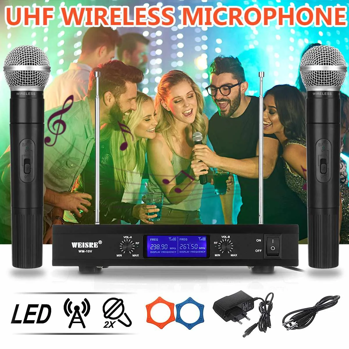 

Dual Professional UHF Wireless Cordless Microphones with 2 Handhelds Mic 2 Channel Receiver Karaoke Home Party Microphones