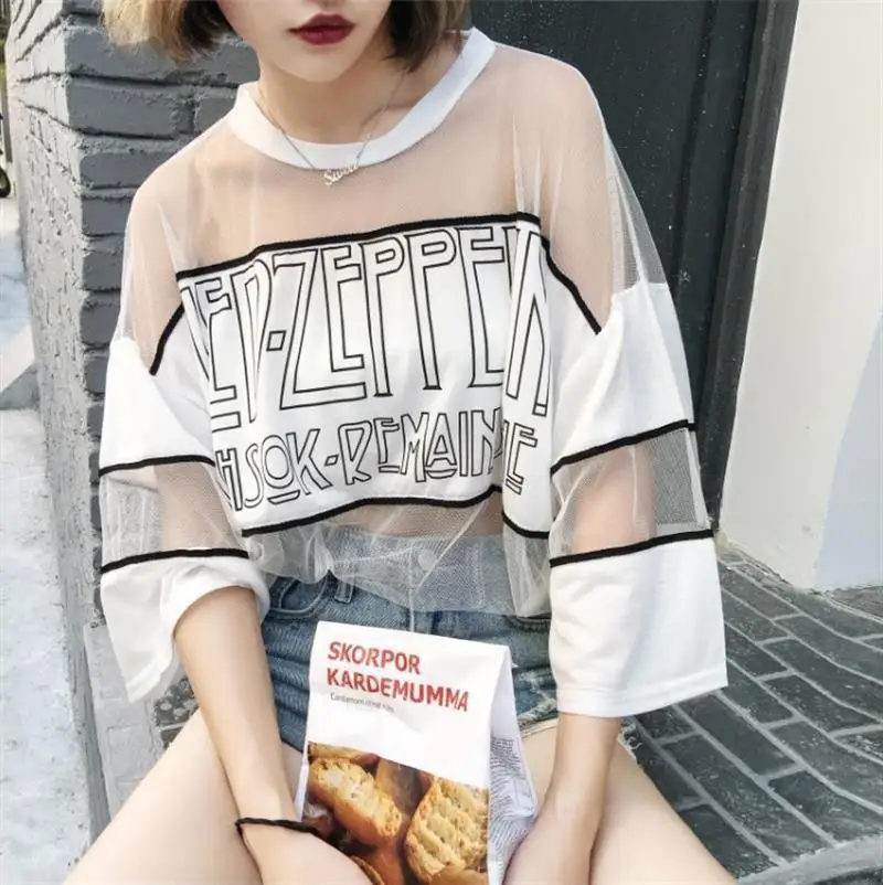 

Harajuku Style Loose Translucent Mesh Short-Sleeved Stitching T-Shirt Female Letters Printing Sexy