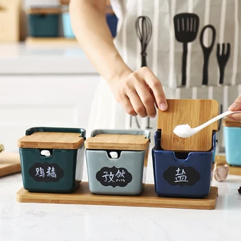 

Creative Nordic Ceramic Bamboo Seasoning Pot Pepper Box Seasoning Salt Pot Two / Three Piece Set Household Seasoning Tank
