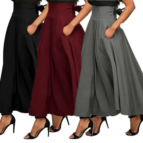 Faldas largas plisadas de cintura para mujer, falda larga acampanada Vintage, de satén Swing 2019|Faldas| - AliExpress