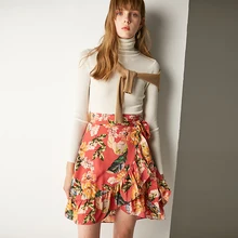 Асимметричная юбка из чистого шелка с принтом подсолнухов с тонким краем листа лотоса