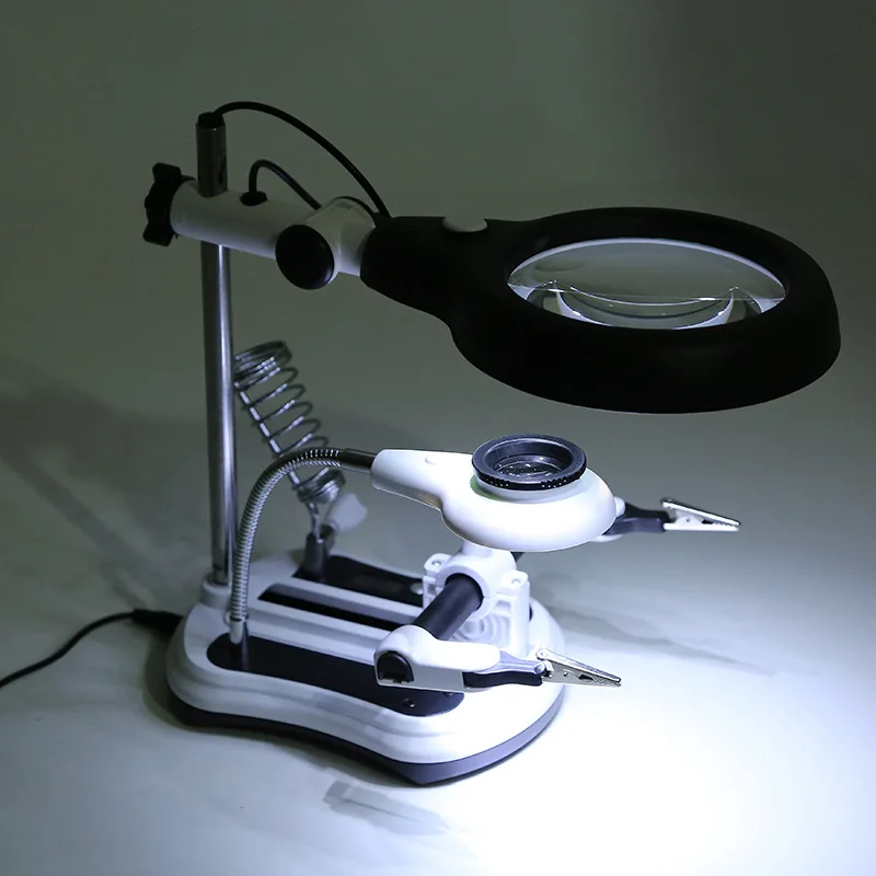 2.5X-10X Illuminated Magnifying Glass for Soldering Iron 18 LED Lighting Desktop Maintenance Auxiliary Clip Type Magnifier Tools