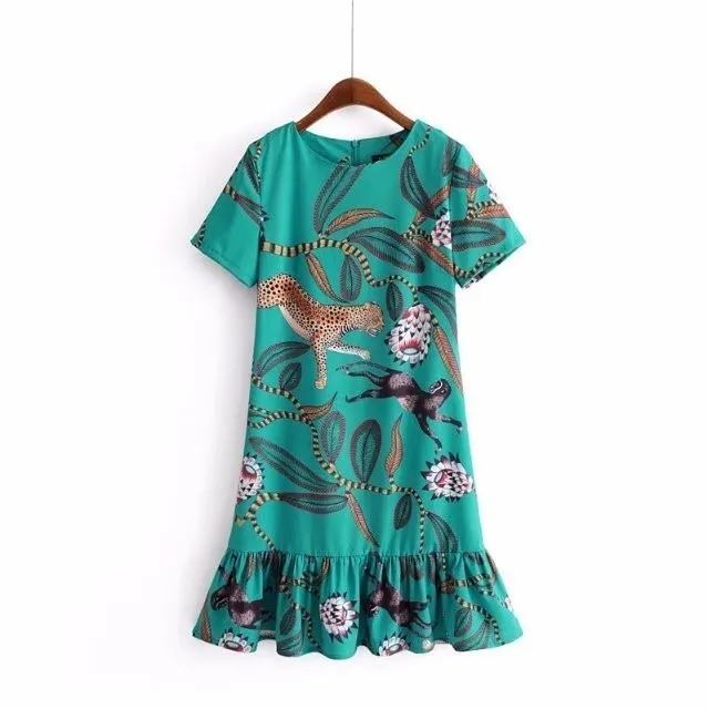 

ZOUHIRC Hot Women Loose Dress Animal Printed Ruffles Short Sleeve Summer Beach Female Dress Outwear Vintage Dress vestido