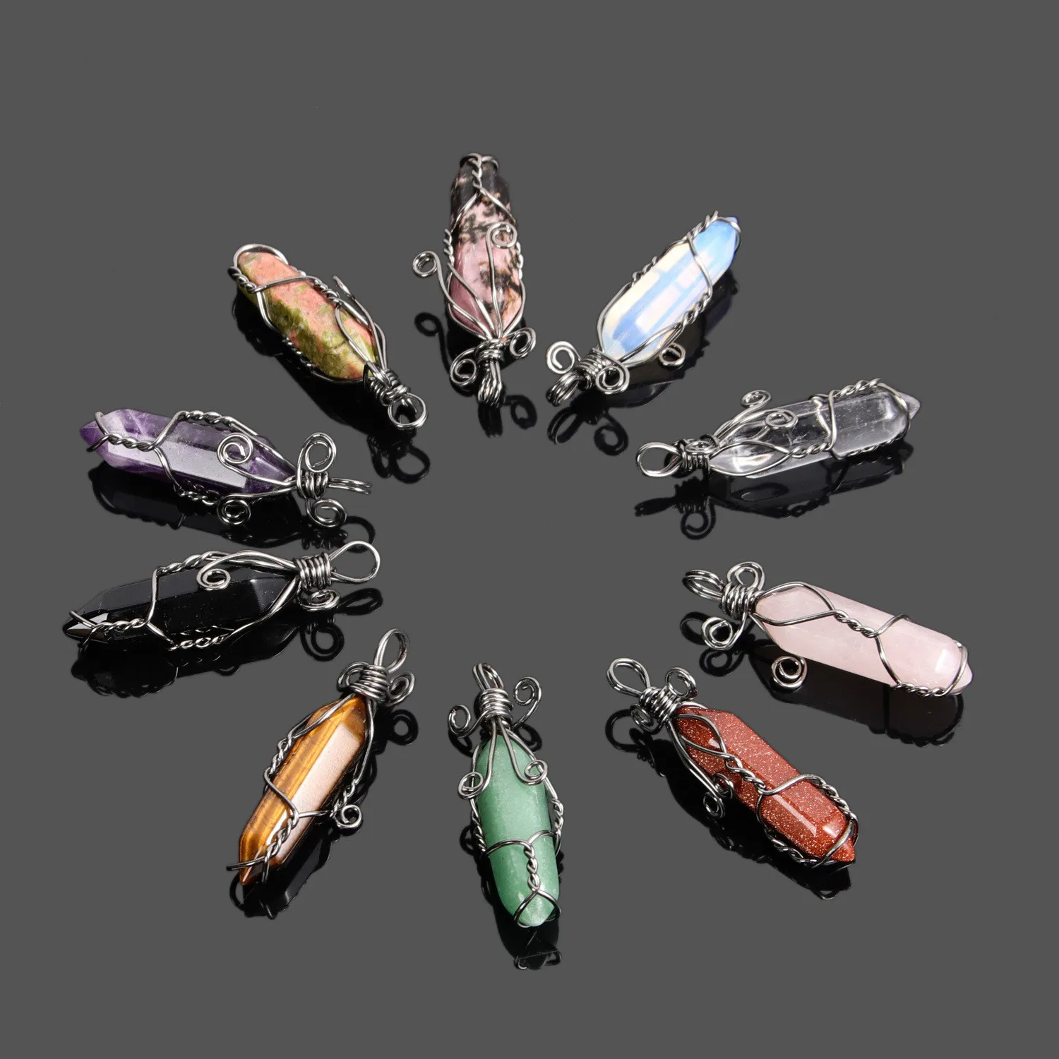 

Hexagonal Column Crystal Hand-wound Necklace Religion Folk-custom Pendant Natural Stone Crystal Colorful Beads Pendant
