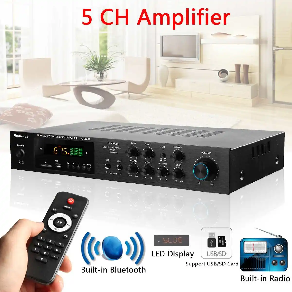 

Wireless Version USB/SD Audio Amplifier 1120W 5CH bluetooth Power Amplifer Stereo Surround Home Karaoke Cinema