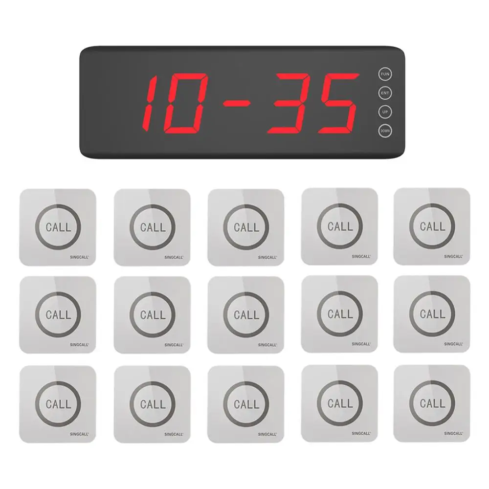 

SINGCALL Wireless Kitchen Service calling system, 1 Display Screen Receiver and 15 touchable Bells Buttons