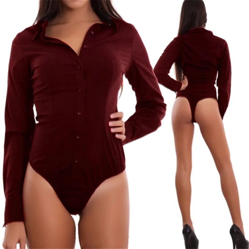 

Women's Leotard Stretch V Neck Bodysuit Long Sleeve Button Solid Playsuits Plus Size S-2XL