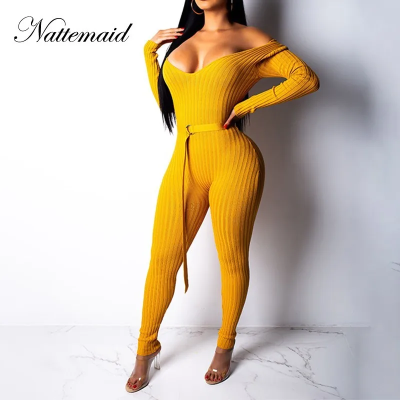 

NATTEMAID Long Sleeve Sweater Knitted Jumpsuit Rompers Womens Jumpsuits For Women 2018 Off Shoulder Sexy Bodycon Winter Jumpsuit