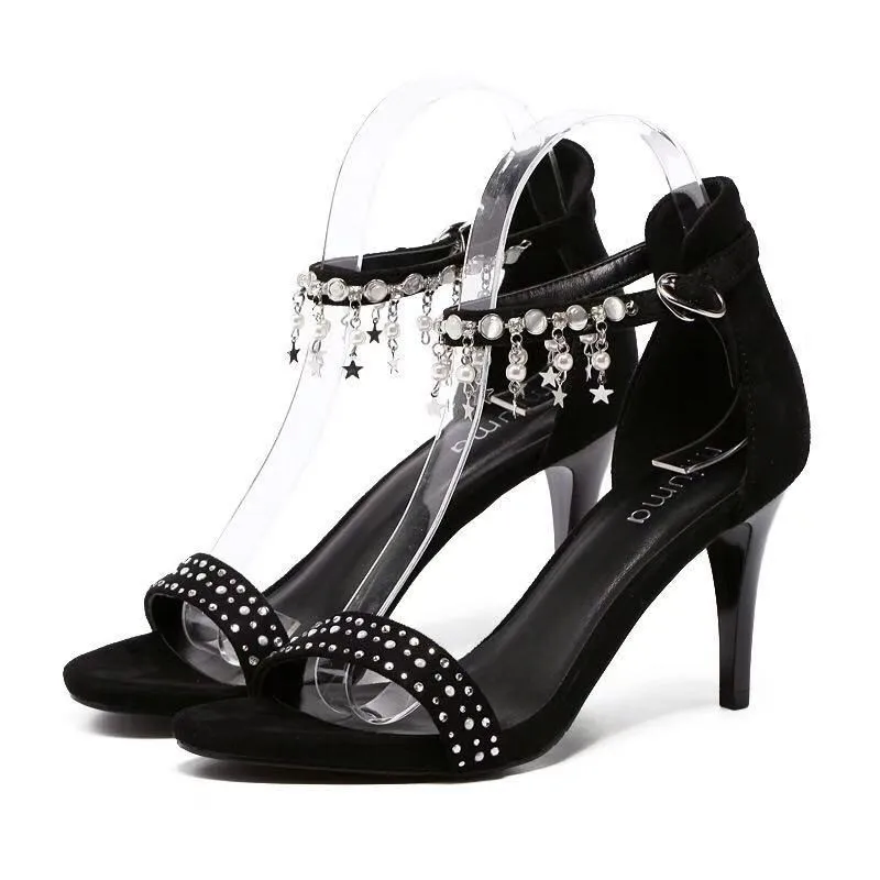 

Hot Woman Sandals Women Shoes Crystal Chains Black /White Thin High Heel String Bead Sandals