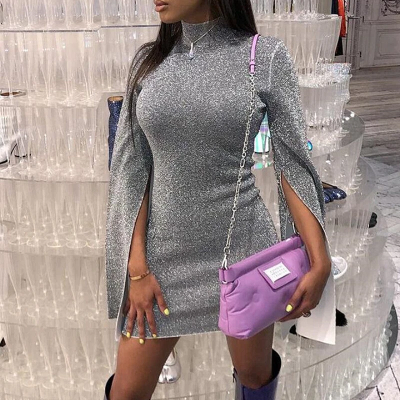 

Glitter Sequin Dress Women Summer Sexy Turtleneck Split Sleeve Bodycon Dresses Vestidos Short Mini Clubwear Female Dress