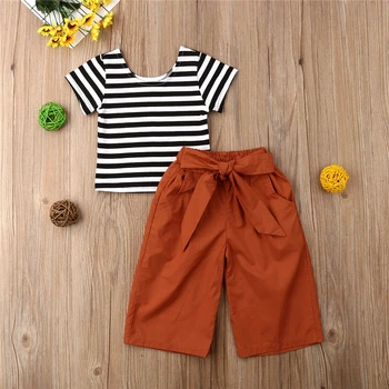 

2019 Toddler Kids Baby Girls Striped Tops T-shirt Wide Leg Pants Outfits Children's Sets Clothes