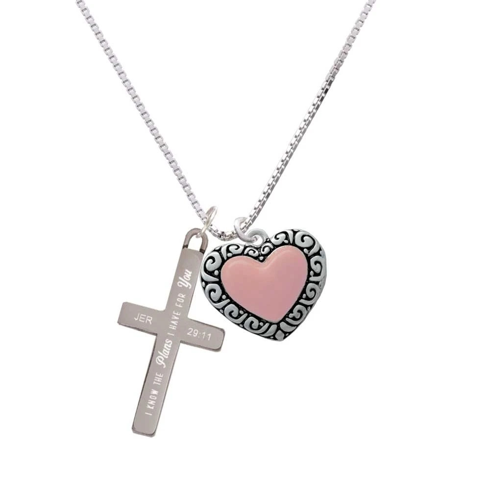 Large Pink Enamel Heart with Swirl Border - Plans I Have for You Cross Necklace | Украшения и аксессуары