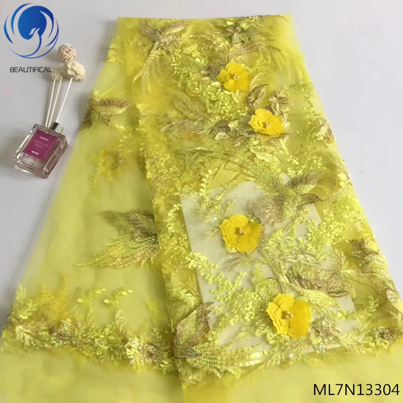 

BEAUTIFICAL lace fabric 2018 embroidery 3d french lace fabric 3d tulle lace fabric beaded flowers yellow color hot sales ML7N133