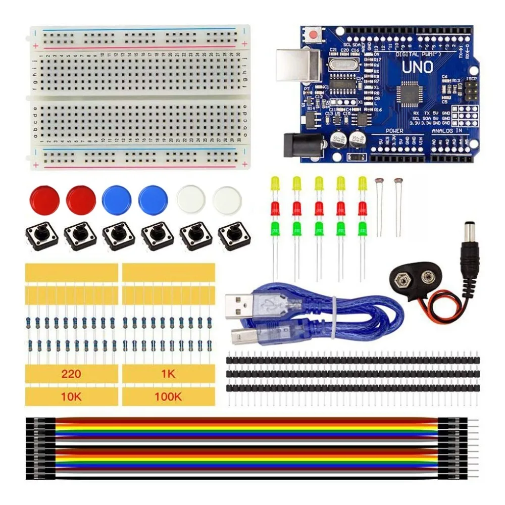 

LED 20Pcs Jumper Button Module 400 Holes Mini Breadboard Starter Kit Compatible for Arduino UNO r3 Diy Kit with Buttons GL5516