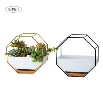 

Metal Iron Rack White Ceramic Planter Pot Simple Octagonal Geometric Wall Hanging Table Set Ceramic Flower Pot Bamboo Decor