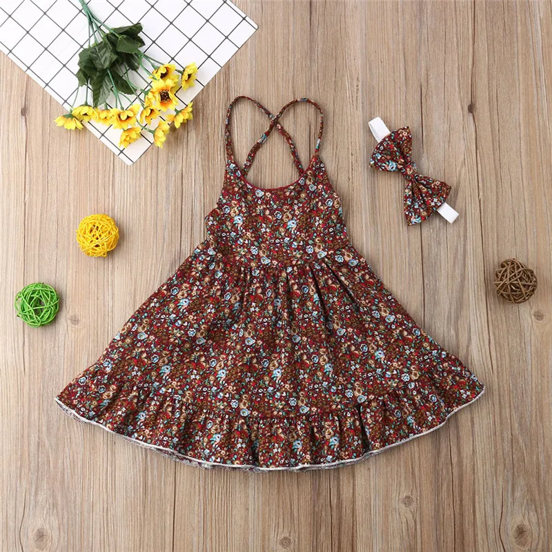 

2019 New Baby Girls Kids Summer Sleeveless Strap Floral Dress Cute Fashion Party Wedding Flower Girl Princess Dress+headband Set