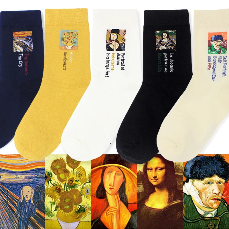 Новый современный Ренессанс для женщин носки для девочек эластичные 1 пара Мона Лиза Ван Гог письмо теплый ретро книги по искусству хлопо