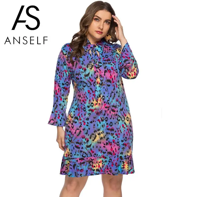 

Anself Women Plus Size Dress Colorful Leopard Print Bow Tied Long Sleeve Pencil Dress Ruffle Elegant Midi One-Piece Partywear