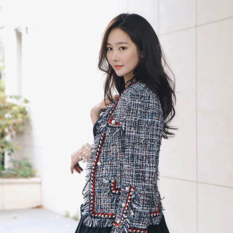 Fashion Runway Tweed Jacket Coat 2018 Autumn Winter Women Fringed Trim Long Sleeves Vetement Femme Front Pockets With Pearls | Женская